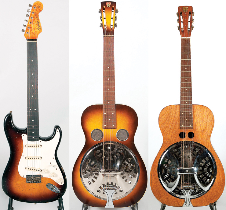 (LEFT TO RIGHT) This Fender Custom Shop square-neck Strat lap steel was built by Chris Femming and Donnie Wade. On Traveler, Douglas played a similar square-neck Telecaster made by Fred Stuart and ran it through a Marshall stack. “It was like going to the amusement park!” he says. This ’36 Dobro Model 27 had been stored under a bed for decades. Douglas found it online and his wife bought it as a gift. Douglas calls this rare early-’30s Dobro double cyclops “Sonnyboy.”