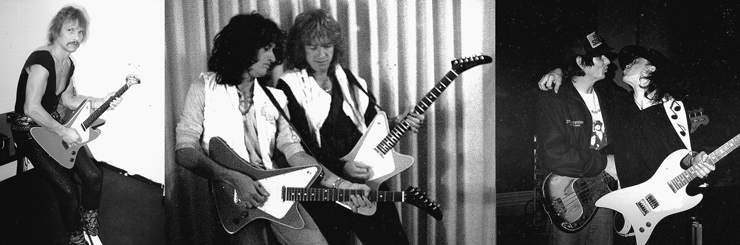 (LEFT TO RIGHT) Rudolf Schenker of the Scorpions with a Generator. Joe Perry and Brad Whitford try out a pair of Generators. Stevie Ray Vaughan (right) with Double Trouble bassist Tommy Shannon.