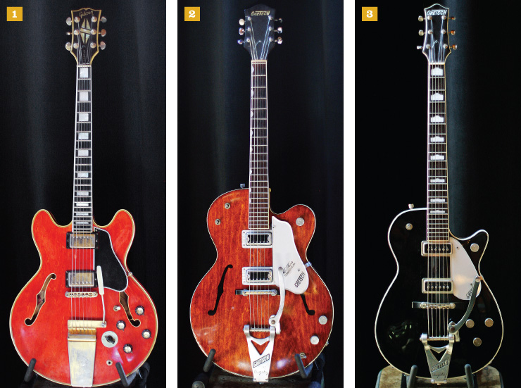 1) “Unfaded cherry!” Wilson says of this early-’70s Gibson ES-355, courtesy of his father. “It has a microphonic bridge pickup that just howls. My dad removed the Varitone, making the guitar about six pounds lighter.” 2) This ’62 Gretsch Chet Atkins Tennessean was the first vintage guitar Wilson bought – he was 13 at the time. “It’s stock, untouched, and I still use it,” he said. 3) “I ordered this after seeing George Harrison with one on the cover of Cloud Nine,” Wilson said of his Gretsch Duo Jet. “Early-’90s Gretsch reissues are wonderful; the DeArmond pickups are outstanding – some of the best clean tones I’ve ever heard.”