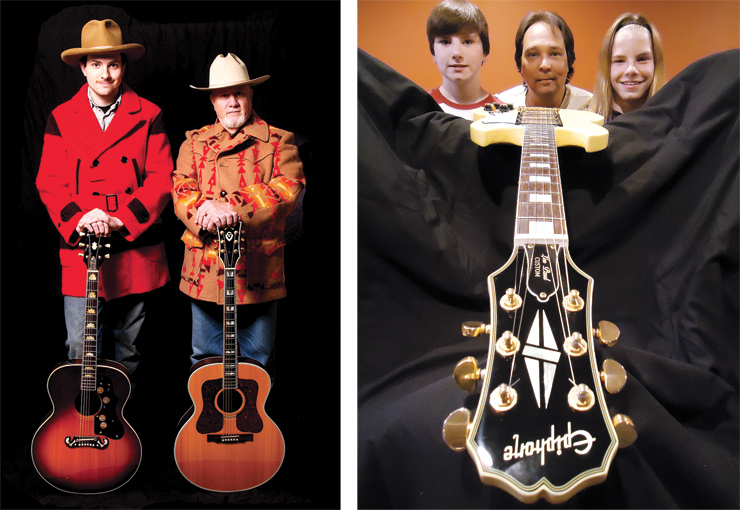 (LEFT) Spencer Stewart (a.k.a. Halifax Slim) and his father, album designer/photographer Michael G. Stewart, feel the love with their Gibson and Guild jumbos. (RIGHT) The Colberg family returns for “Dad’s Day” with this cool shot. Dale tells us, “This is my son Reece (left), me, my daughter, Kalin, and my Epiphone Les Paul Custom.”