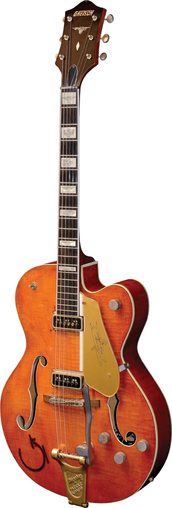 Possessing pot codes dated April of 1954, serial number 13767 is the earliest documented Gretsch 6120. The pickguard is an accurate reproduction of the original. 6120 SN13767: Curt Wilson. Guitar courtesy of Fred Stucky.