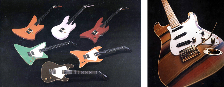 (LEFT) The lineup of Hendrick models included, front to back, left to right: Transformer Standard (Brown), Generator Standard (Green) Catalyst Standard (Orange), Generator Curved (Orange), Transformer Curved (Pink), Catalyst Curved (Red). (RIGHT) The Schecter “serape”guitar, topped with piece of Mexican garment. All photos courtesy of Kurt Hendrick.