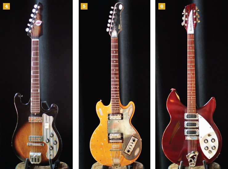 4) This ’60s Teisco was a gift from Jackson Browne. “It’s got two of the magic ‘gold-foil’ pickups.” 5) Wilson calls this ’60s Höfner Colorama, “One of my secret weapons in the studio. Its pickups scream like P-90s on steroids, plus it’s got crazy coil tapping/phase switching mods that enable it to sound like that Marc Bolan half-cocked wah filter tone.” 6) “This is another guitar I kidnapped from my dad,” Wilson said of this ’79 Rickenbacker 340/12. “He’s a Beatles nut, so Ricks were always on the brain. It took me a while to realize just how amazing they are. After touring with Tom Petty and the Heartbreakers, I have an even greater appreciation.”
