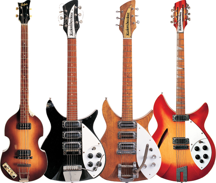 (LEFT TO RIGHT) Paul McCartney’s ’63 Höfner 500/1. John Lennon played this ’58 Rickenbacker 325 during The Beatles’ first “The Ed Sullivan Show” appearance. In the ’70s, Lennon had the black finish stripped and the gold pickguard was replaced with a white one. John Lennon’s ’64 Rickenbacker 325 was shipped directly to him in Miami while the band prepared for its second appearance on “The Ed Sullivan Show.” George Harrison’s ’63 Rickenbacker 360/12.