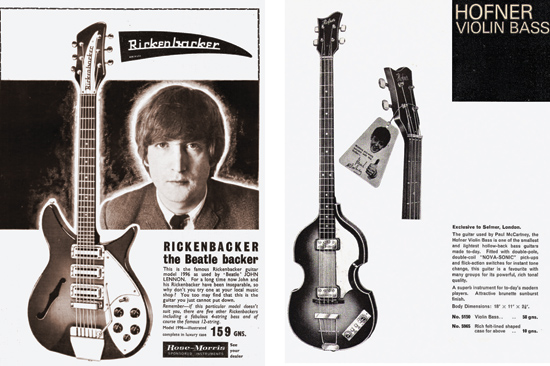 (LEFT) Rose-Morris’ Beatles-backer 159 Guineas. (RIGHT) The Höfner from Selmer. Only 58 guineas?