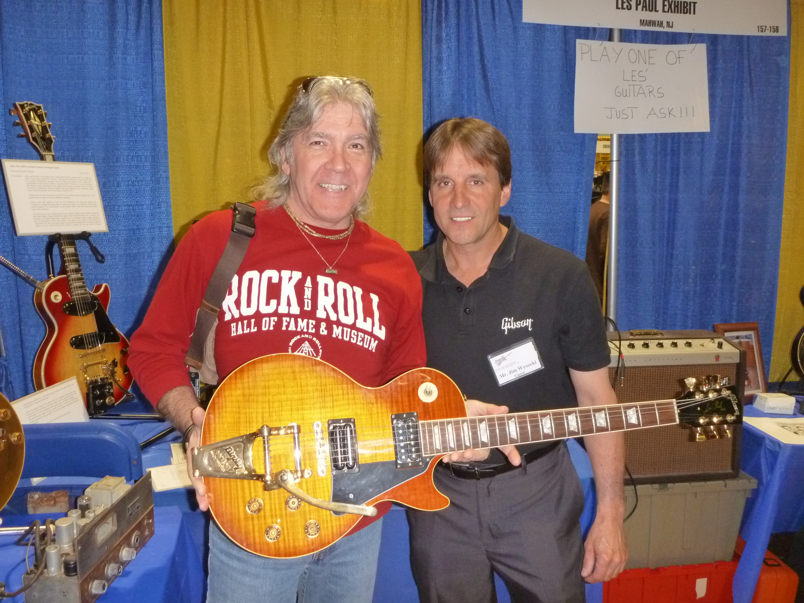 Famed musician Godfrey Townsend & the Les Paul Exhibit's own Jim Wysocki share a smile at the NY Guitar Show.