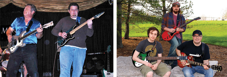 (LEFT) Here are Vincent Motel and his son, Andrew, jamming onstage. Vince is playing a Wilson Brothers VM75 while Andrew has a Vigier Excalibur. (RIGHT) Lee Helperin, with a 2003 Gibson Custom Shop reissue Les Paul with Brazilian fretboard, enjoys quality music time with sons Max (playing a 2013 LsL Topanga model) and Alex (playing a 2013 Eastwood Sidejack Baritone DLX). The picture was taken by Lee’s wife (and the boys’ mom), Judy, on a Mother’s Day in Ontario.