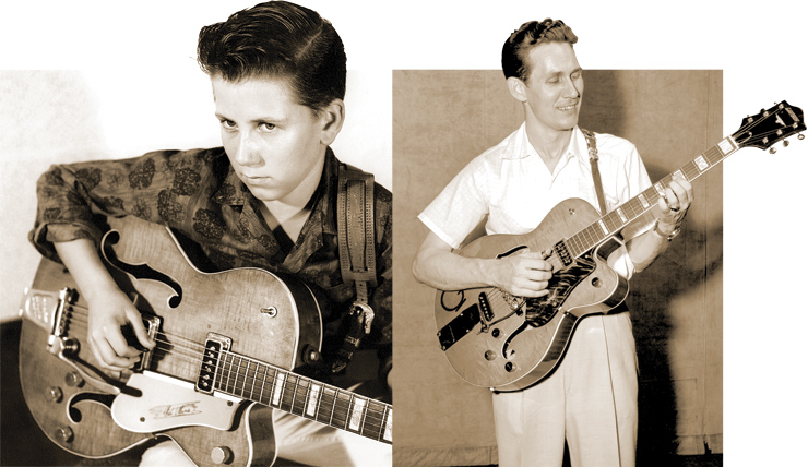 (LEFT) A young Bobby Cochran with his Gretsch 6120 (serial number 13767) – just like his Uncle Eddie’s. (RIGHT) Chet Atkins with his Gretsch “Streamliner Special” prototype (serial number 13753), already experimenting with a vibrato tailpiece at the Grand ‘Ol Opry in August of 1954. Bobby Cochran photo courtesy of Bobby Cochran. Chet Atkins with Streamliner Specail: Gordon Gillingham/courtesy of the Grand Ole Opry Archives.