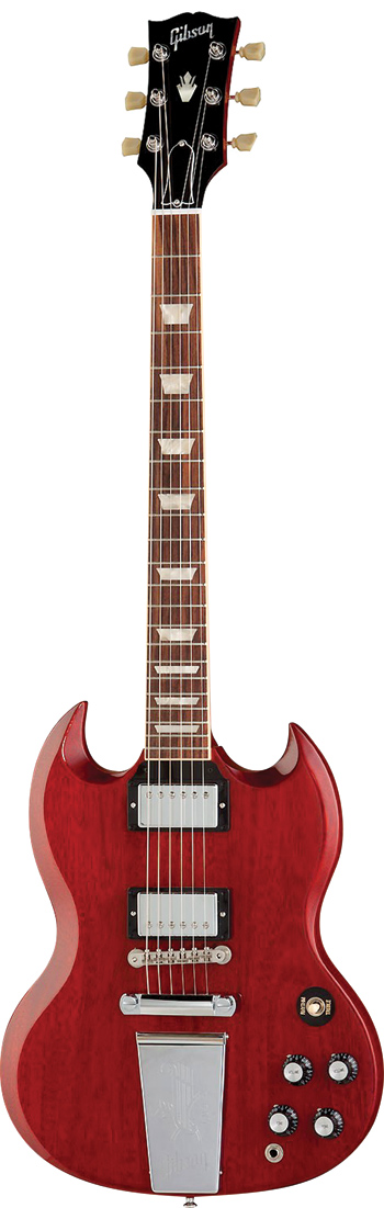The Gibson Derek Trucks signature SG has a mahogany body with nitrocellulose finish, mahogany neck with slim “true D” profile, rosewood fingerboard with figured acrylic inlays, ’57 Classic humbucking pickups (with Alnico II magnets) and the Lyre vibrato cover with the mechanism itself removed – a Trucks mod – with a stopbar tailpiece in its place. Also per Trucks, it has the early style “no wire” ABR-1 Tune-o-matic tailpiece , as well as Vintage-style machine heads with pearloid buttons and 14:1 tuning ratio.