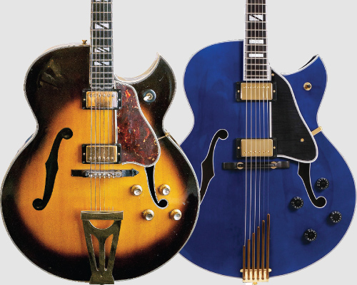 (LEFT) Burrell’s iconic late-’60s Gibson Super 400CES Florentine, heard on countless recordings.(RIGHT) The Heritage Super KB has a solid/carved spruce top, solid/carved maple back, maple rim, multi-bound top, single-bound back, bound f-shaped sound holes, five-piece maple neck, multi-bound headstock veneer with mother of pearl inlay, and an ebony fretboard with mother of pearl split-block inlays.  Heritage Super KB image courtesy of Heritage Guitar, Inc. 