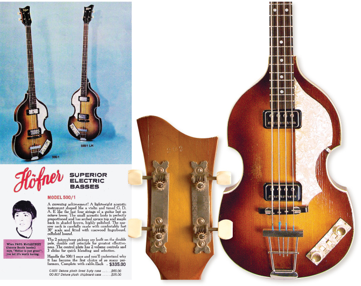 (LEFT) The 1965 Sorkin/Höfner catalog – $335 for us Yanks! (RIGHT) An extremely rare right-handed Höfner 500/1 with features identical to McCartney’s and likely made in the same period – mid/late ’63 – perhaps even the same batch. And a “Mac-spec” two-piece neck with strip tuners.