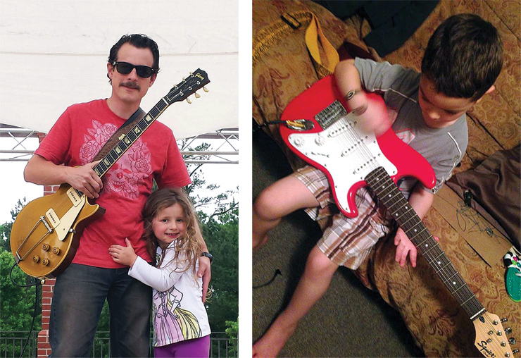 (LEFT) D.L. Peterson and his daughter, Scout, are avid readers (or, in Scout’s case, avid picture viewer) of VG. Here they are with D.L.’s “other baby,” his all-original ’53 Gibson Les Paul. (RIGHT) Ryan McCaffrey’s four-year-old son, Beckett, with his first “real” guitar, “Rocking out some Clapton,” his dad says with a chuckle.