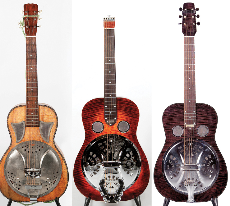 (LEFT TO RIGHT) This Slingerland May Bell Cathedranola has a spider bridge; most have a resonator cover, but no cone – likely to get around National-Dobro’s patents. This Tim Scheerhorn L model has tuners mounted atop the tailpiece. Douglas used this Scheerhorn L-body when he began playing with Alison Krauss.