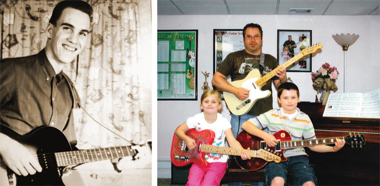 (LEFT) Todd Rooker sent this shot of his dad, Dale, when he was 16 and obviously proud of his new ’61 Gibson ES-125TC. “He still has it, and it’s in amazingly good condition,” Todd said. “He has spawned two more generations of Rooker guitar players, as both my 14-year-old son, Nicholas, and I have picked up playing and building guitars. Dad lives 1,800 miles away, but we still get together a couple times a year and play as a family.” (RIGHT) The McLaughlin family sent this shot, starring Erin (left) with her Fender Telecaster in Pink Paisley, dad (Andy) with a Fender Custom Shop ’55 Telecaster, and Ian with his Gibson Les Paul.