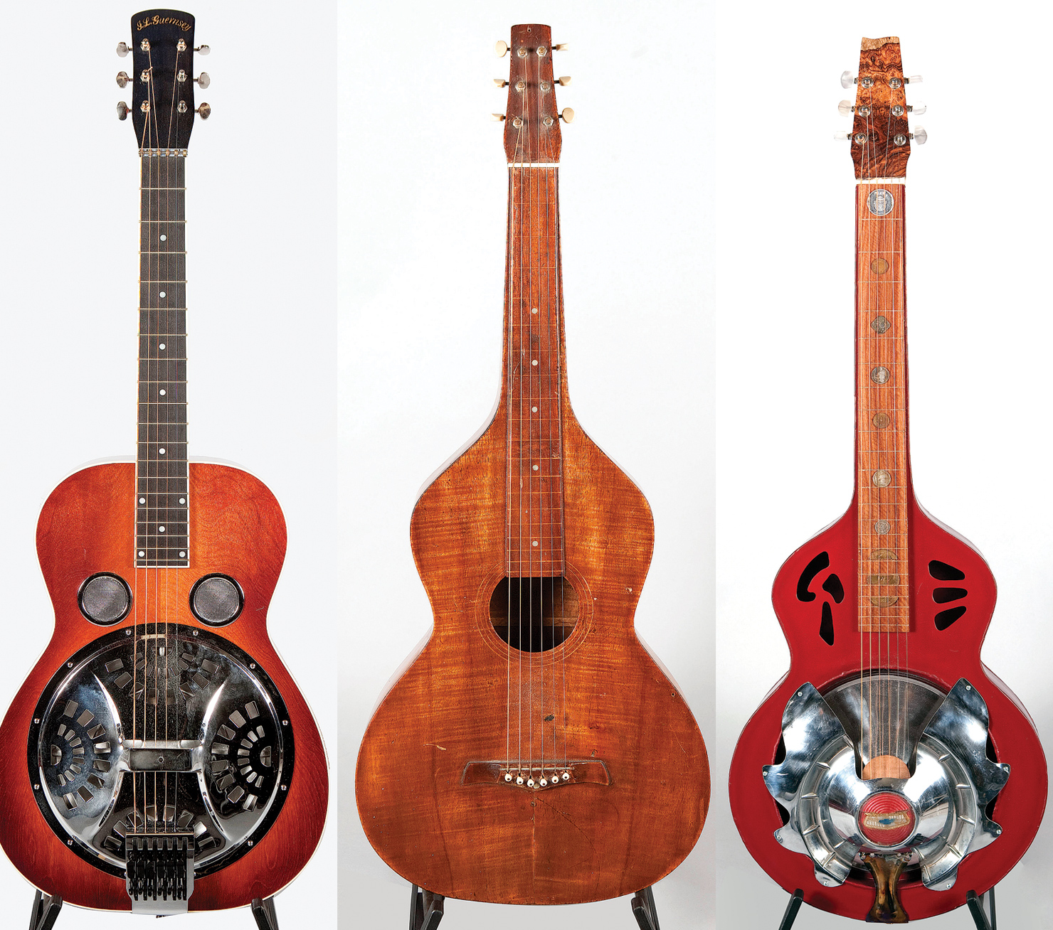 (LEFT TO RIGHT) This Ivan Guernsey resonator is fitted with a Guernsey’s Hipshot tailpiece that works like a B-bender on multiple strings. Douglas found this 1919 Weissenborn being used as a planter at his in-laws’ home. “They’re works of folk art, but this guitar actually sounds amazing,” Douglas said of this Larry Pogreba custom, which has a resonator cover fashioned from a vintage Chevy hubcap and inlays from an Elvis medallion and other old coins (RIGHT). “It’s hollow all the way up to the nut, like a Weissenborn.” It’s the first thing listeners hear on Traveler and it is used extensively throughout the album.