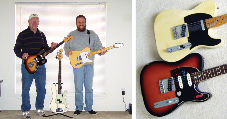 (LEFT) George Stanford and his son, Geoff, are Fender fans. Here’s George (left) with his ’64 Jaguar, while Geoff holds his Custom Shop ’68 Tele reissue. Between them is an American Standard Precision Bass. (RIGHT) Jim McMillan sent this shot of the family’s Fender Telecasters belonging to him and his son. “His is with him in New York, but on top is my mostly-’68 and the bottom is his ’97 Nashville Tele. I bought his along with an ’81 Deluxe Reverb amp on Mother’s Day in 2002. He asked me if the amp was his, too... Guess I’m a bad dad!”