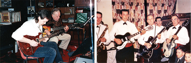 (LEFT) Sam T. Floyd sent this picture of him and my dad, Sam Floyd, Sr. at a Christmas gathering in the late ’90s. “I’m playing a ’96 PRS Custom 24 and Pop is playing his ’61 Gibson ES-335 that he ordered the day I was born. Dad taught guitar for over 50 years and passed away in 2006.” (RIGHT) Jim Patterson sent this picture of his father’s band, taken in 1963. “My father, George, is on the far right with his ’61 Gretsch 6118 in Smoke Green,” he said. “I’m the 16-year-old in the back, on my Rogers drum kit. Just three years later, he passed. I still play his guitar and his Gretsch Chet Atkins amp.”