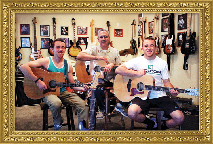 Art Martinez (center) enjoys sharing the love of music with his twin boys, Blake (left, with Taylor 410ce) and Taylor (right, with Taylor 655ce). Art, who has a Taylor K10ce here, also loves playing his Fender and Epiphone guitars, mandolins, and basses. His wife, Donna, and their boys are also members of their church worship team.