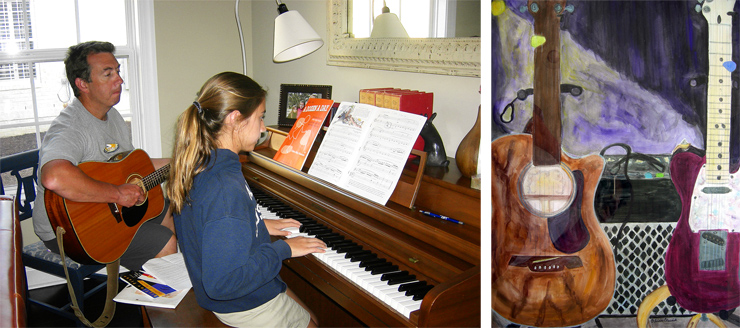 “My daughters don’t play guitar, but my youngest, Evelyn, who is 12, is a great piano player,” Chris Elswick tells us. “Here I am on my early-’80s Sigma, trying to keep up. Her sister, Olivia, age 21, is a writer and a painter; she painted a portrait of my 2004 Telecaster and my ’06 Alvarez.”
