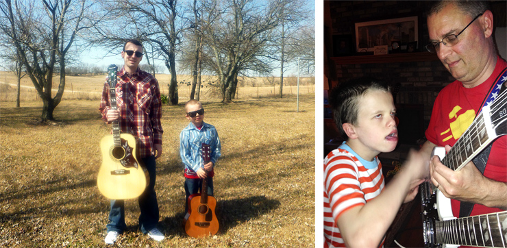 (LEFT) Here are Dusty Murphy and his eight-year-old son, Poncho, with their acoustics. (RIGHT) Karl Maurer sent this pic and says, “In spite of many medical challenges, my 11-year-old son, Dom, loves to play blues and rock guitar with a bit of his dad’s help.” Karl keeps the top neck on his Epiphone ES-1275 tuned to open G. “Being Dom’s dad rocks!” he adds.