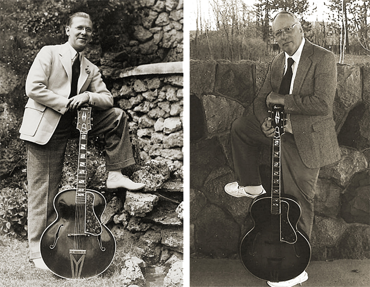 “Here’s a shot of my dad with his then-new 1934 Gibson Super 400,” Terry Collins tells us. “And that’s me on the right, 80 years later, holding the very same guitar.”