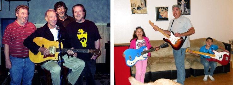 (LEFT) The Riech family – brothers David (left), Craig, and Michael, with their father (center, at mic) a few years ago when they visited the Fender factory/service center in California. “Craig and I would play there every Sunday, and dad and David would both come to watch and occasionally sit in,” Michael said. “Dad is holding Craig’s Taylor. He also had an early-’60s ES-330, which I still have. Dad and David have since passed, and I have fond memories of our Sunday jams.” (RIGHT) The McLaughlin family sent this shot, starring Erin (left) with her Fender Telecaster in Pink Paisley, dad (Andy) with a Fender Custom Shop ’55 Telecaster, and Ian with his Gibson Les Paul.