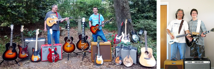 (LEFT) Doc and Daniel Simons‘ collection includes (from left) a Blueridge BR-343 Gospel Trinity, a “partscaster,” a ’68 “drip-edge” Super Reverb, Squier Mustang bass, ’66 Vibrolux Reverb in Red Sparkle Mojotone Cab, Epiphone ES-339 PRO, ’90s Gibson Nighthawk Standard with factory Floyd Rose, Gibson Western Classic 200 reissue, ’54 Guild X-350, ’94 Nighthawk Custom, a Deluxe 5E3 clone, Fender FM-61SE electric mandolin, two Strad-O-Lin mandos,a ’65 Deluxe Reverb, a parts Tele, a guitar they call the “Frankencaster” (with P-90s), and Epiphone resonator they call The Biscuit, and a Blueridge BR-160. (RIGHT) Shawn Cyr and his son, Connor, enjoy rockin’ together. Here’s Shawn with his ’62 Fender Esquire and ’54 Deluxe, while Connor employs the family’s ’72 Gibson Les Paul Custom and ’72 Deluxe Reverb.