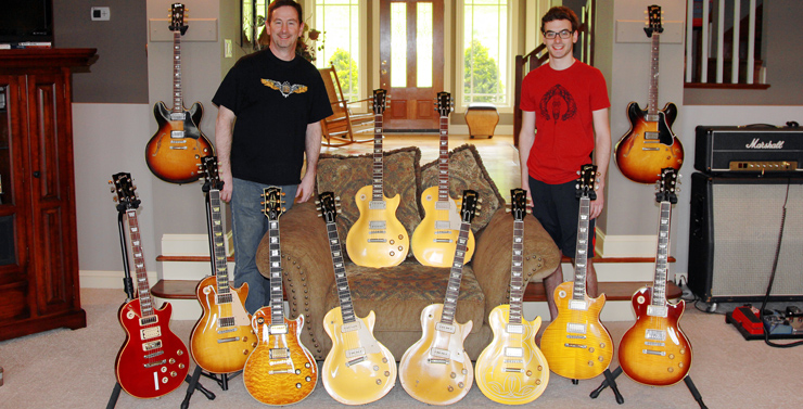Don Newman sent this shot of him with his youngest son, Jeff, and some guitars they assembled for their own “Les Paul Day.” “Among others, there are a ’53 goldtop, ’55 all-gold, ’57, and a bunch of newer ones,” Don said. “There's also a ’59 dot ES-335 and a ’66 ES-335. And, that’s an early JMP on a Marshall 4x12 with the original creambacks.”