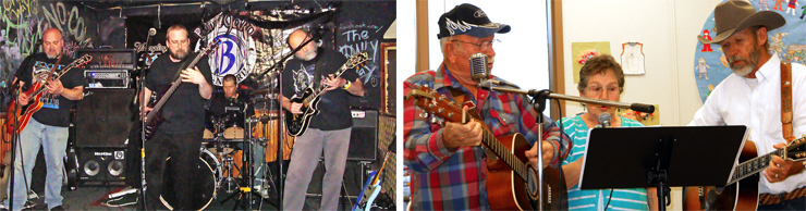 (LEFT) Stan Adamczyk sent this shot of himself and his sons. That’s Ivan “The Butcher” on a redburst Hagstrom, Adam “Catfish Crazy” on six-string Carvin bass, with “Guitar Man” Stan on black Les Paul. (RIGHT) Todd Burrell sent this shot of his dad (Lefty), mom, and Uncle Skinny – The Family Band – jamming.