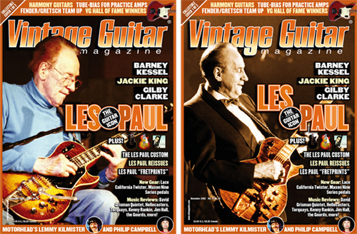 Only once in our 28-plus years has Vintage Guitar printed a double cover and that was to honor Les Paul. Here are the two covers from the November 2002 issue, which contained this interview.