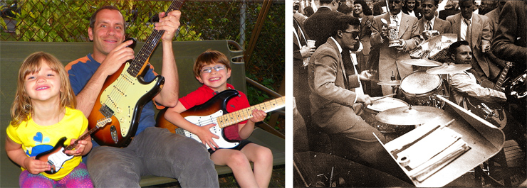 (LEFT) Chris Gojdics and and his kids, Sophia and Nicholas, love their Fender Strats! Here, Chris has his 1960 hardtail while six-year-old Nicholas plays a ’54 reissue Masterbuilt and three-year-old Sophia strums a mini replica. (RIGHT) Ed Amos playing his Gibson L-5 (with attached pickup) circa 1948 during his graduation from the University of Virginia. “Dad later traded that guitar for a green-and-gold-sparkle Mosrite bass, which he played in a country-and-western band,” said his son, Cam. “Dig the beer stein!”