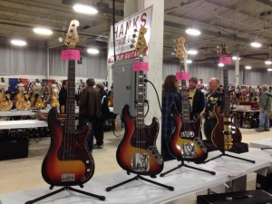 '61 Fender Precision Bass, '73 Jazz, '66 Jazz, and '80 Veillette-Citron bass at Hank's Vintage Guitars.