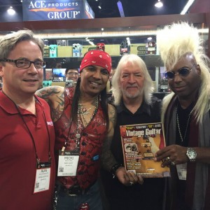 The #NAMMshow is where friends catch up! #VintageGuitar publisher Alan Greenwood catches up with Seymour Duncanand #BeauvoirFree's Micki Free and Jean Beauvoir at #NAMM2015. #guitarlove #NAMM15 — in Anaheim, California.