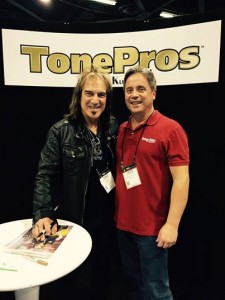 Dave Amato from REO Speedwagon with his biggest fan, #VintageGuitar publisher Alan Greenwood bonding in the TonePros booth at #NAMM2015. #tonepros #guitarlove #NAMMshow #reospeedwagon #daveamato #NAMM15