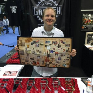 Adam Seutter at the Gretsch booth. Tag your #Bigsby on social media, then stop by the #Gretsch booth at #NAMM2015 to take home a little bit of history! #NAMMshow #vintageguitar #guitargear #NAMM — in Anaheim, California.