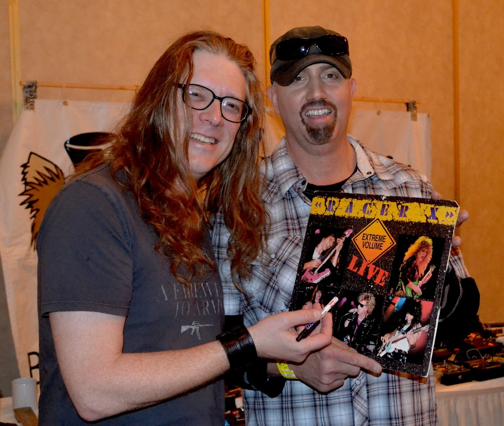 Former Racer X guitarist Bruce Bouillet (left) meets fan Louie Concotiloi, of Mugsy Music.
