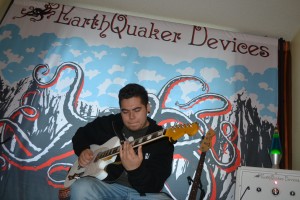 Guitarist Jeremy Juarez jamming at EarthQuaker Devices.