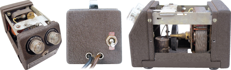 The DeArmond’s motor (right) shakes the brass vial (left) via the cone-shaped spindle and the rubber drive wheel.