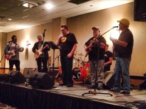 Dealer jam at the Arlington Guitar Show - (left to right) Jay Rosen, Nacho Banos, Larry Briggs, Redd Volkaert, Phil Shoemaker.