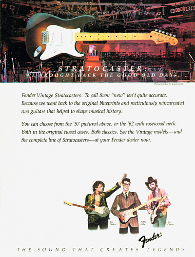 Vintage Guitar magazine Fender's 1982 ad campaign for the Vintage Stratocaster