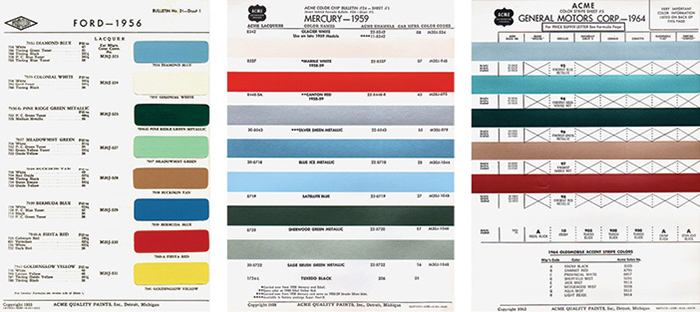 (LEFT) This 1956 Ford color chart lists the famous Fiesta Red (which was <em>not</em> invented by George Fullerton!). (MIDDLE) Color names can be deceitful. The Blue Ice and Sherwood Green shades featured in this ’59 Mercury chart are <em>not</em> the colors actually used by Fender. (RIGHT) This 1964 GM chart includes the two Cadillac Firemist shades used (and re-named) by Fender.