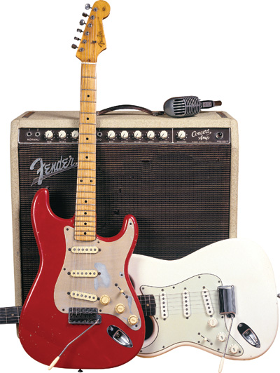 Prior to 1956, sunburst was the only finish listed in Fender’s catalog, though custom options were available. Beginning in ’56, Fender literature listed Du-Pont Duco colors “...of the player’s choice.” In 1960, Fender began to limit custom finish options to those on a chart it created. Anodized-aluminum pickguards (like the one seen on this Dakota Red ’57 Strat) were an option first offered in ’57, with the debut of the third-version Precision Bass (with split pickup, larger headstock, and optional anodized pickguard). Until the ’70s, custom colors remained a small percentage of total production.
