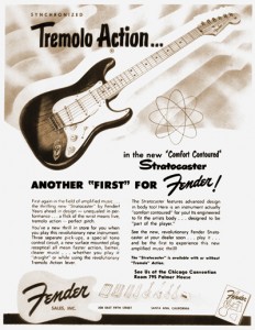 This 1954 ad produced by Fender rightfully boasted of the many new design elements of the Stratocaster, including the first application of the term “tremolo” for its vibrato tailpiece.