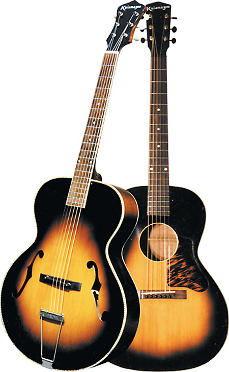 A Kalamazoo-branded archtop. Nearly identical guitars also received the Cromwell name. At right the Kalamazoo KG-14.