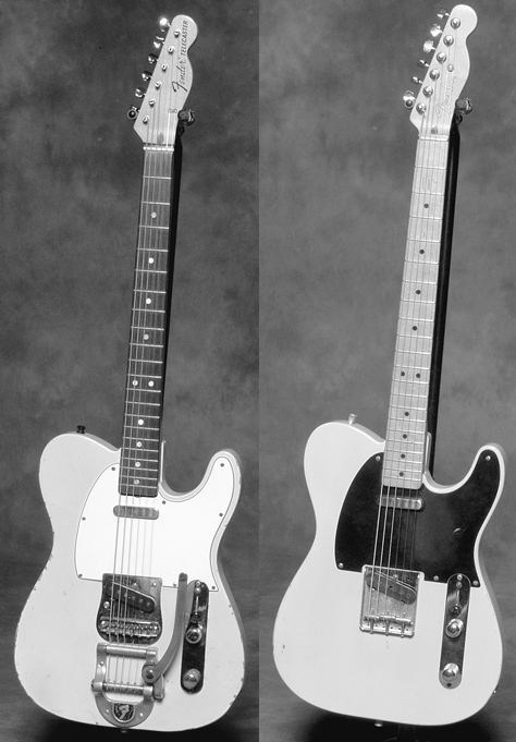 (LEFT TO RIGHT) An early-’70s Fender Telecaster with factory Bigsby vibrato. A 1951 Fender “Nocaster.”