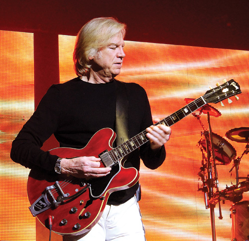 Hayward concentrates onstage with his iconic ’63 Gibson ES-335 at a recent Moody Blues concert. Photo: Willie G. Moseley