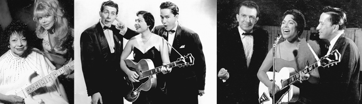 (LEFT TO RIGHT) Mary Kaye with fellow Las Vegas veteran Charro. Kaye with her natural-finished D’Angelico and the original Mary Kaye Trio. From the handbill poster promoting Cha Cha Cha Boom.
