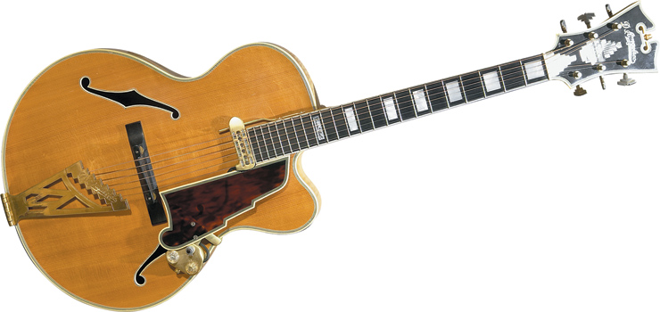Vinnie Bell’s 1963 161/2" D’Angelico New Yorker. Asked why he had it made so small, he told Kellerman, “I didn’t want to shlep a big instrument to gigs.” He also said it was one of the last ones D’Angelico built by himself, and that Bell hand-selected the woods.