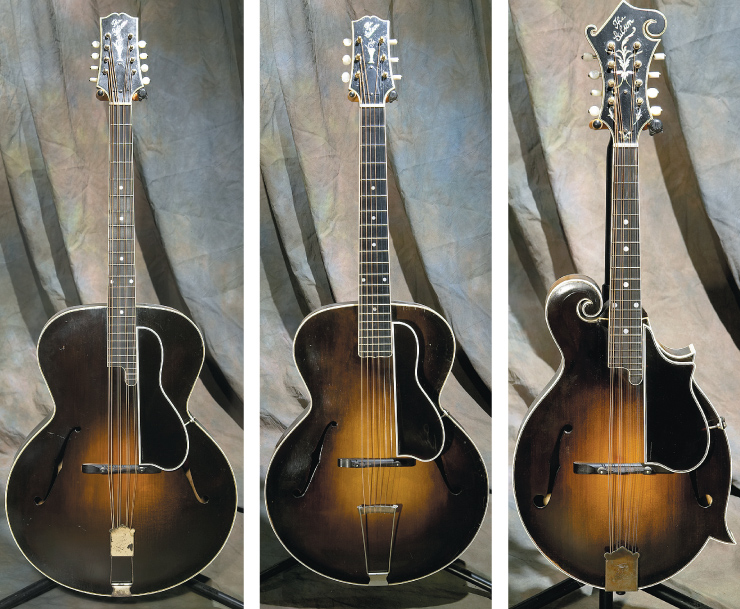 The Gibson “Lloyd Loar quartet” alone makes the Kellerman collection one of the truly elite. From left they are an extremeley rare 1924 K-5 mandocello; ’24 L-5; and ’24 H-5.
