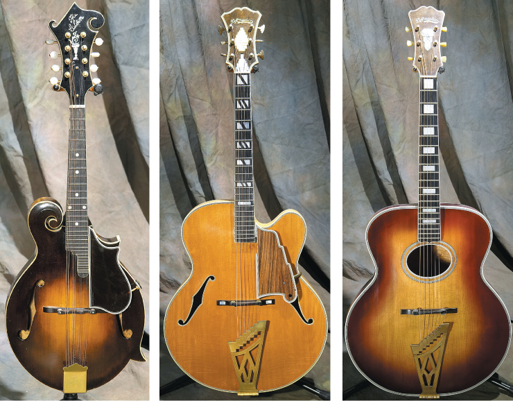 (LEFT TO RIGHT) The Gibson “Lloyd Loar quartet” alone makes the Kellerman collection one of the truly elite; ’24 F-5. ’58 D’Angelico New Yorker. ’53 D’Anglico 19” oval-hole Special.